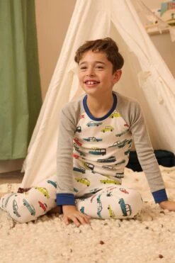 Hatley White Vehicles In The City Cotton Raglan Pajamas Set